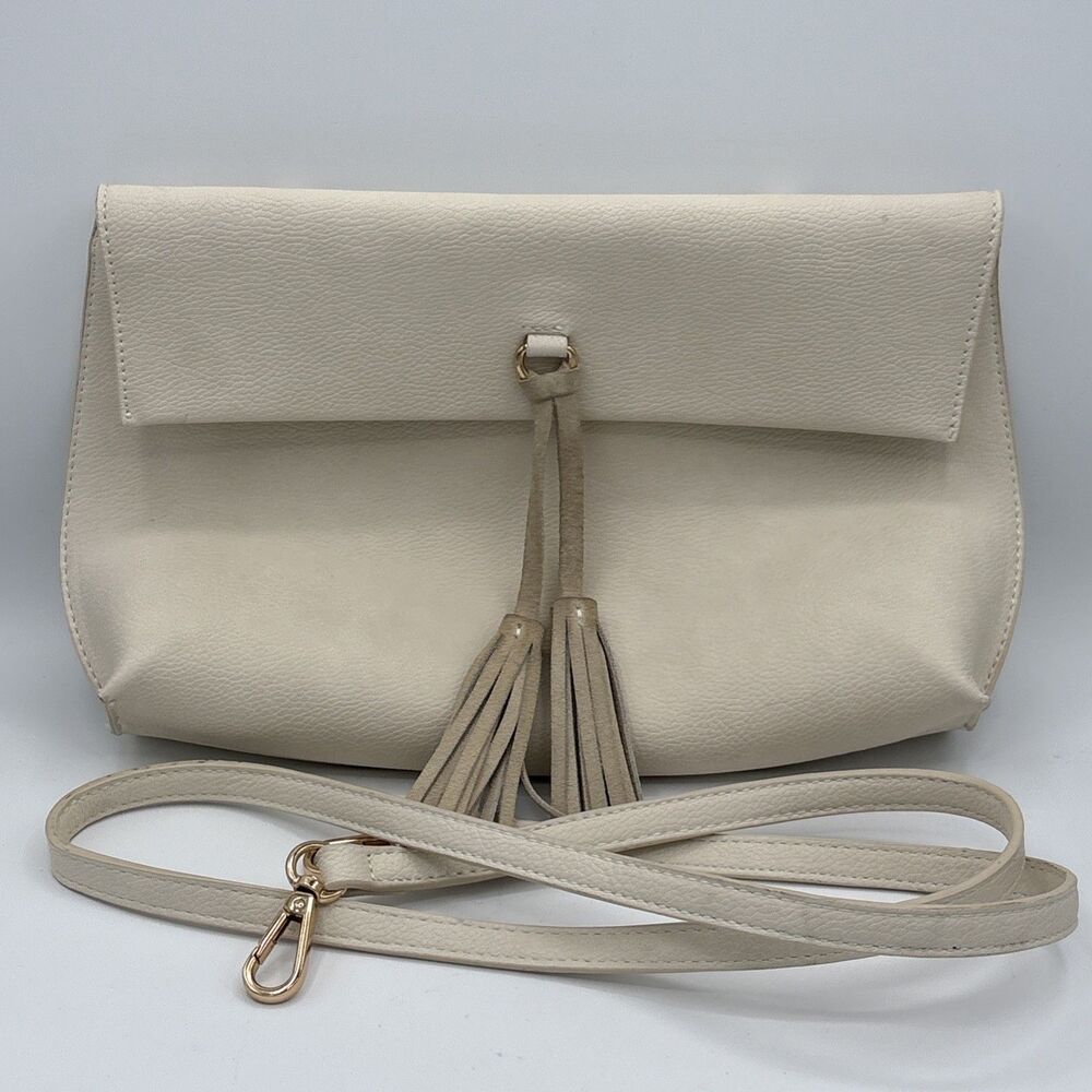 STREET LEVEL Pebbled Faux Leather Purse Crosssbody with Tassel Womens Bone OS
